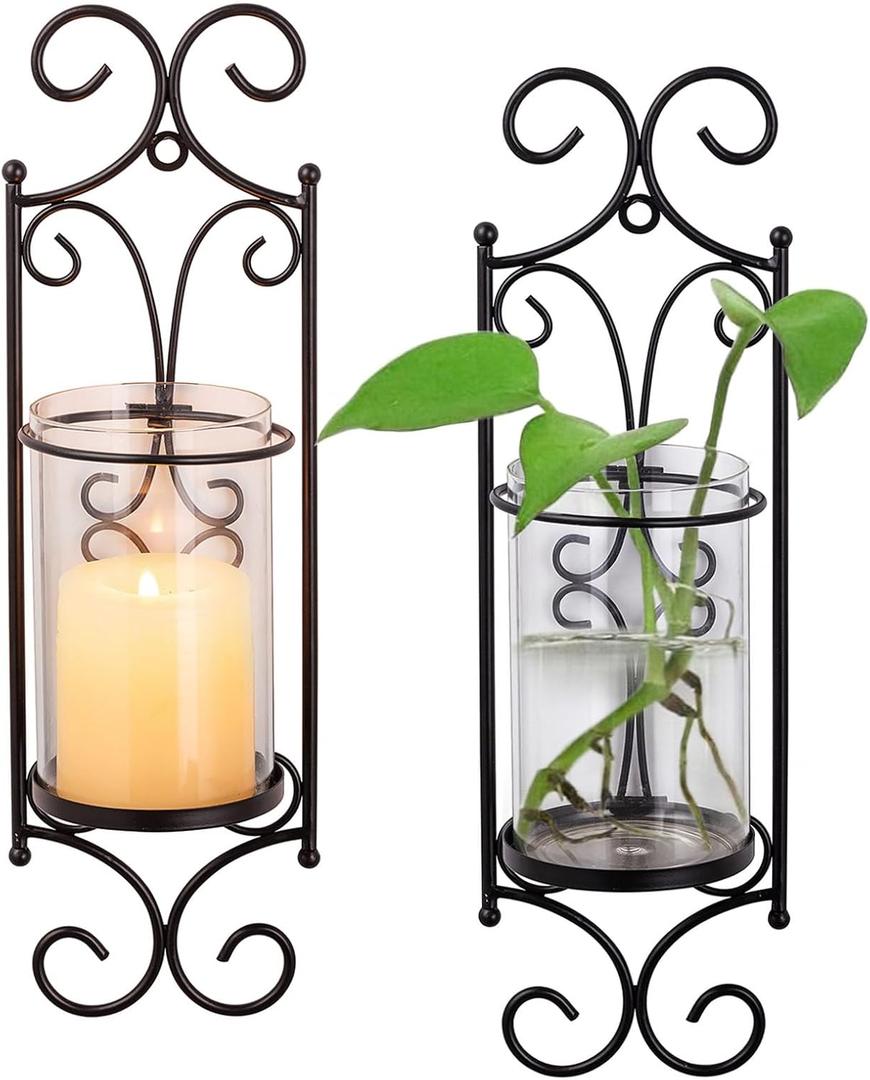 Sziqiqi Candle Sconces Wall Decor - Set of 2 Black Candle Holders for Pillar Contemporary Wall Decorations Sconce Decorative Metal Wall Art for Living Room Bedroom Bathroom Kitchen Dining Room