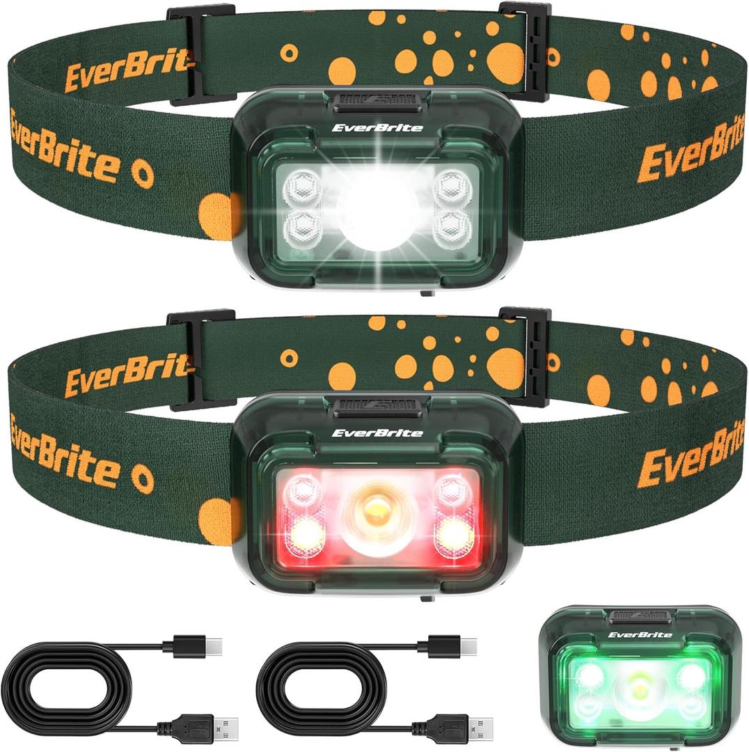 EverBrite Rechargeable Headlamp, 2 Pack Kids Headlamp with White/Red/Green Light and Memory Function, Head Lamp for Adult and Kid with 5 Modes, 120 Adjustable LED Headlamp for Camping, Running-Green