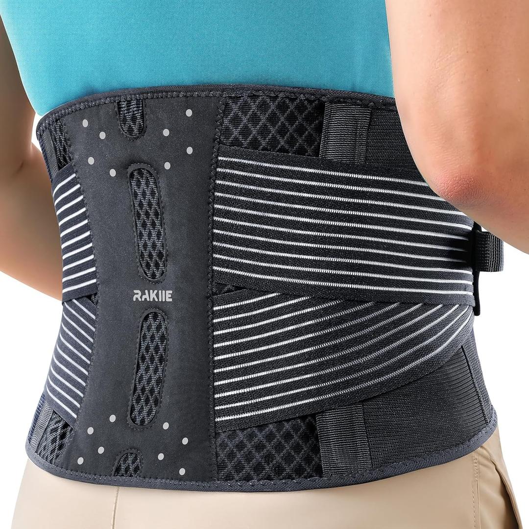 Rakiie Slim Back Brace for Lower Back Pain Relief, Lightweight & Breathable Back Support Brace for Men Women, Ergonomic Light Lumbar Support for Everyday Wear, Light Gray XXL
