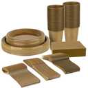 Grandipity 350 Piece Gold Disposable Dinnerware Set, Includes 50 of Each: 9" Dinner Plates, 7" Dessert Plates, 12oz Cups, Paper Napkins, Forks, Knives & Spoons