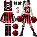 RUODON 9 Pieces Girls Halloween Cheerleader Costume Zombie Fearleader Costume Set Includes Top Skirt Socks Pompom Sticker Bow (7-8 Years)