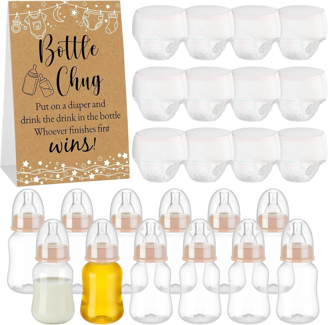 Widecook 12 Set Bottle Chug Baby Shower Games Favors Funny Diaper Change Game Including Plastic Baby Bottles Chug Disposable Diapers Themed Sign for Gender Reveal Party Supplies(Beige,Kraft)