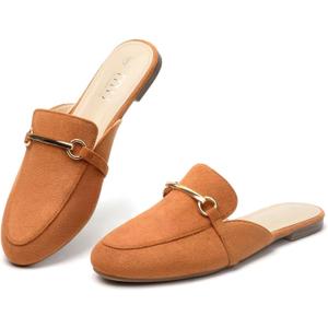 MUSSHOE Gold Buckle Mules for Women - Comfortable Memory Foam Loafers, Classy Slip On Flats for Office Business Casual, Dressy Pointed Toe Shoes (6.5, Tan Suede)