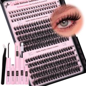 Wispy Lash Clusters Kit Lash Extension Natural C Curl Fluffy Cluster Eyelash Extensions Individual Lashes Kit with Bottom Lash Clusters Waterproof Bond and Seal DIY at Home