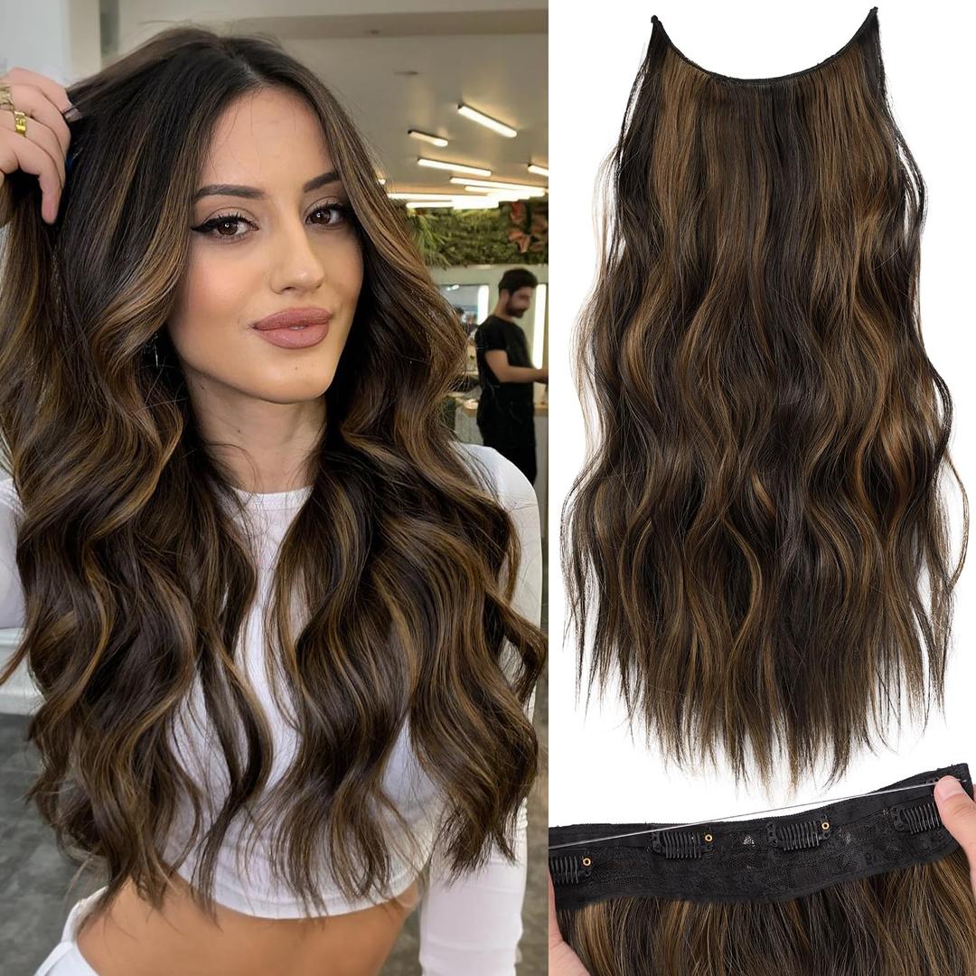KooKaStyle Invisible Wire Hair Extensions with Transparent Headband Adjustable Size 4 Secure Clips Long Wavy Highlight Hairpiece 20 Inch H2/426alayage Dark Brown to Chestnut for Women
