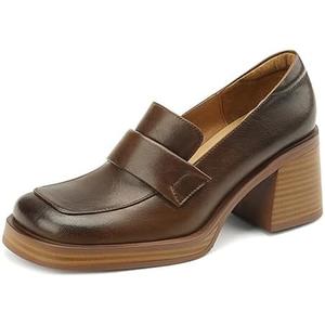 Women's Leather Chunky High Heels Penny Loafers Mid Stacked Heel Square Closed Toe Slip On Dress Uniform Oxfords Vintage Classic Comfortable Work Office Pumps Elegant Party Dress Shoes (Brown,5)