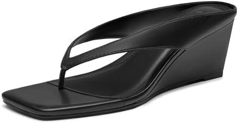 Athlefit Women's Low Wedge Sandals Trendy Dressy Square Open Toe Summer Beach Flip Flops Thong Heeled Sandals 5.5 Size