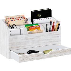 Wood Mail Organizer with Drawer & Pen Holder, White Mail Holder with 5 Detachable Compartments, Desk Organizer for Bill Envelope Storage, for Office Entryway Kitchen Countertop