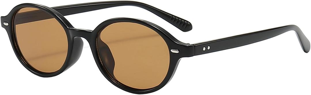 Teumire Retro Oval Sunglasses for Women Men Ultralight Small Round Black Sun Glasses 90s Sunnies UV 400 Shades (A04 Black/Brown)