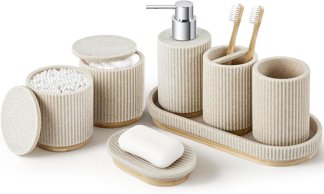 7PCS Bathroom Accessories Set, with Soap Dispenser, Q-tip Holder, Toothbrush Holder, Tumbler, Soap Dish, Vanity Tray, Bathroom Set Complete Organizer Countertop for Modern Decor, Beige