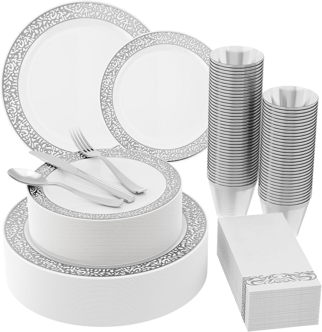 Count Silver Plastic Dinnerware, Silver Disposable Plates, Includes 30 Dinner & 30 Dessert Plates & 30 Cups & 30 Paper Napkins & 30 Plastic Silverware Set