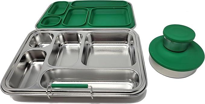 LCHLZZ Stainless Steel Bento Box, 5 Compartments Bento Lunch Box with 2 Containers, Leakproof Metal Bento Box, 304 Stainless Steel Lunch Box Containers for Office, Travel, Dishwasher Safe, Green