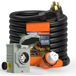50 Amp Generator Cord and Pre-Drilled Power Inlet Box, 25FT Heavy Duty NEMA 14-50P to SS2-50R Extension Cord Twist Locking with Inlet Box, 125/250V, 12500W, ETL Listed for Outdoor Emergency Kit, Black