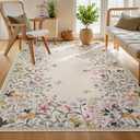 Wonnitar Washable 5x7 Rug for Living Room, Floral Print Large Bedroom Area Rug, Non-Slip Dining Table Throw Mat, Botanical Area Rug Carpet for Entry Basement Dorm (Beige,5'x7')