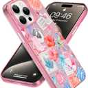 ZIYE for iPhone 15 Pro Phone Case Glitter Glossy Pink Coastal Beach Ocean Sea Shell Floral Collage for Women Girl Slim Shockproof Protective Phone Cover