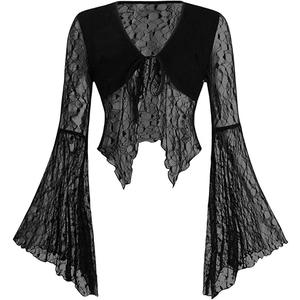 Verdusa Women's Lace Tops Tie Front Bell Long Sleeve Sheer Blouse Crop Tops S