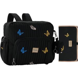 Diaper Bag Backpack, Mini Maternity baby bag with Changing Pad, Insulated Pockets, Stroller Straps & Pacifier Case (Black - Butterflies)