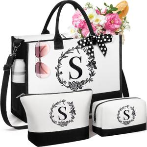 Personalized Gifts for Women, Initial Canvas Tote Bag & Makeup Bag Monogrammed Beach Tote Bags for Women w/ Zipper, Mothers Day Birthday Gifts for Mom Her Wife Girlfriend Sister Best Friend Teacher