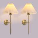 Dolymoly Gold Wall Sconces Sets of 2, Indoor Wall Light Fixtures with Fabric Lampshade, Pleated Fabric Wall Lamp Dresser Hardwired Lamp Wall Lighting Fixture for Bedroom Living Room Porch Dining Room