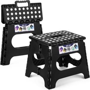 Delxo Folding Step Stool 11 Inch 2 Pack, Black Non-Slip Foldable Stools for Kids & Adults Up to 300 LBS, Step Stool with Handle, Lightweight for Kitchen/Bathroom/Bedroom/Garden