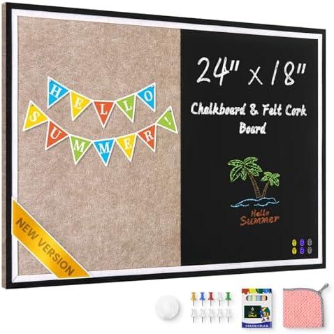 Magnetic Chalkboard Felt Bulletin Board Combination, 24"x18" Large Blackboard & Felt Cork Board Combo, Self-Adhesive Push Pins Vision Board for Home, School and Office