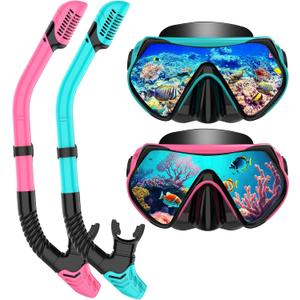 Snorkeling Gear for Adults, Dry-Top Snorkel Set Scuba Diving mask, 180Panoramic Wide View Professional Snorkeling Gear Breathing Freely Snorkel Mask (Pink+Green)