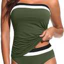 Daci Bandeau Tankini Swimsuits for Women - Two Piece Ruched Tummy Control Bathing Suit Strapless Swimwear with Bottom XL Green