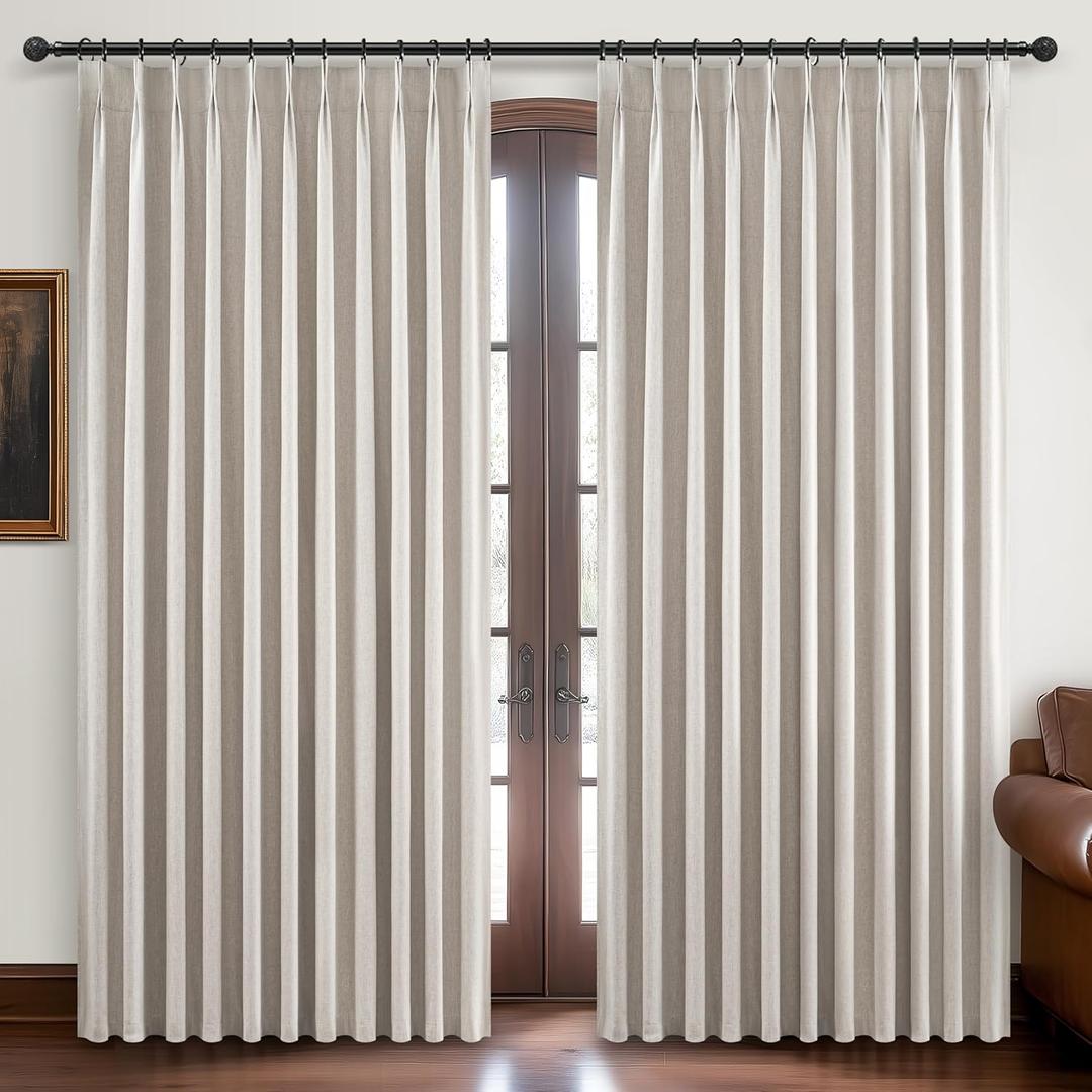 Curtains 70 Inch Length Wide Pinch Pleated Blackout Curtain for Sliding Glass Door/Living Room, Farmhouse Natural Linen Thick Boho Bedroom Heavy Insulated Large Window Drapes (70"Wx90" Lx2Panels)