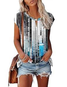 Kistore Womens Summer Casual V Neck Cap Sleeve Keyhole Tops Short Sleeve Business Work Tunic Blouses T-shirts Technological Blue and White X-Large