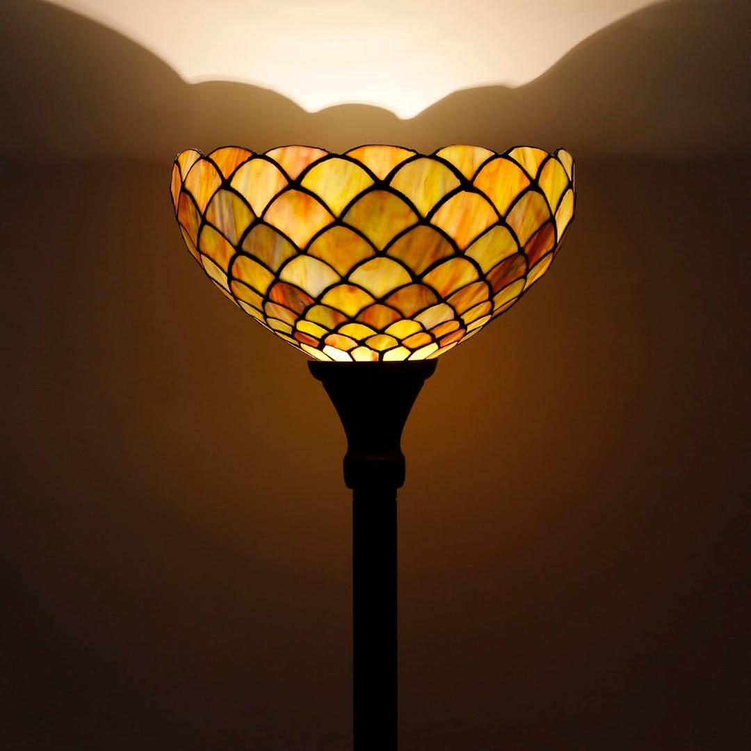 Tiffany Torchiere Floor Lamp Stained Glass Fish Scales Style Standing Corner Torch Uplight 12X12X72 Inch for Bedroom Living Room Home Office