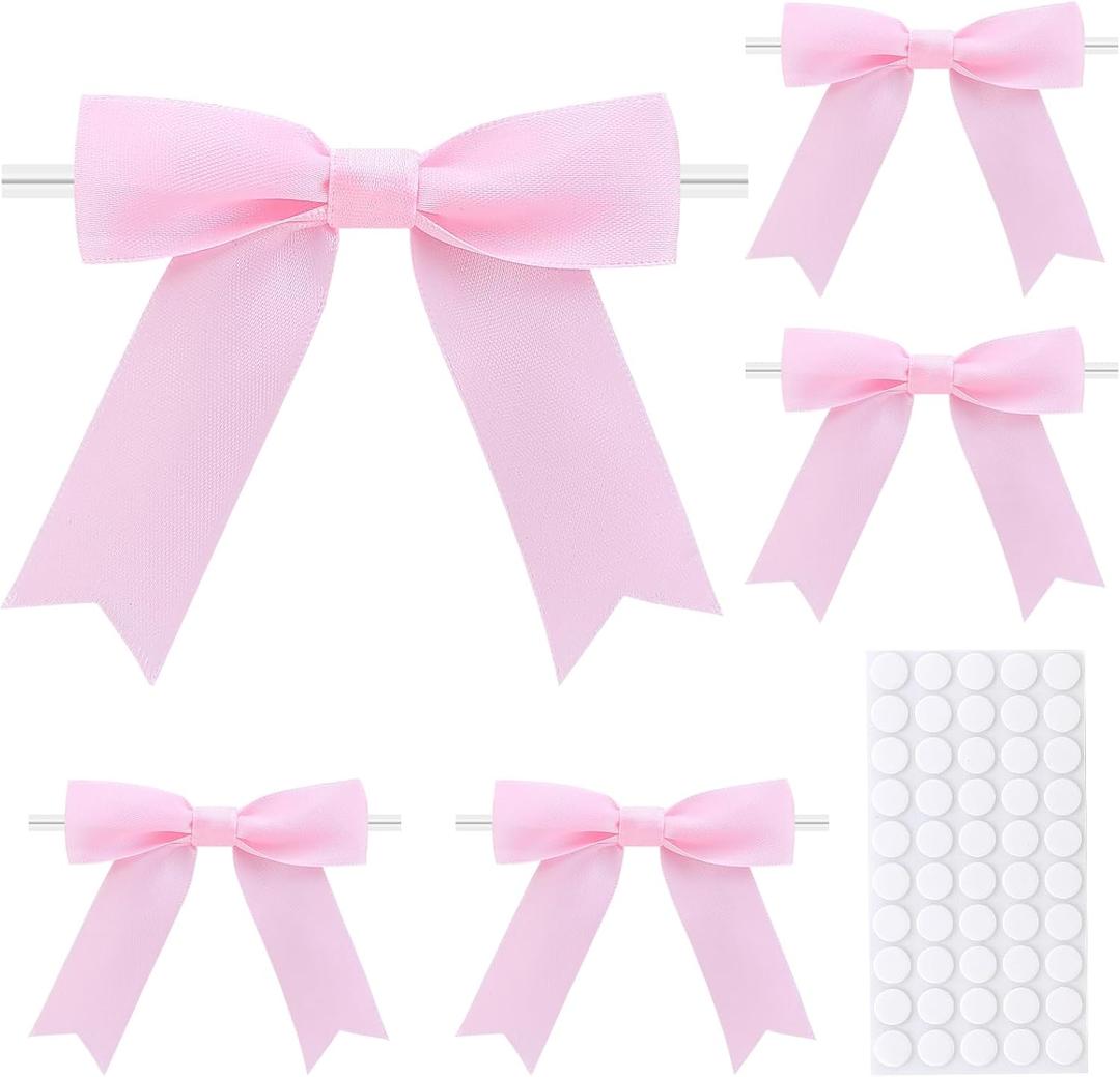 Twist Tie Bows 50Pcs, 3.5In Premade Satin Ribbon Gift Wrap Bows for Crafts, Treat Bags, Christmas, Bridal Shower, Wedding Favors, Birthday Party Gift Wrapping Decorations (Swallowtail Pink)