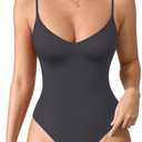 MANGOPOP Women's Cami Thong Bodysuit Double Lined Plunge Deep V Neck Backless Body Suit Adjustable Spaghetti Strap Tank Tops S