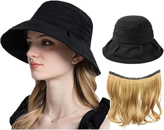 NOOFNO Summer Women's Beach Sun Hat, Wide Brim Sun Protection, Lightweight Hat with Hair Attached via Magic Tape Hat[black]+hair
