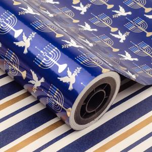 FIEHALA Hanukkah Wrapping Paper Roll - Chanukah Wrapping Paper Cut Line on Reverse - Blue Pattern (Hanukkah, 17 IN X 100 Feet)