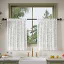Anmao Vintage Lace Kitchen Curtains 36 Inches Long 2 Panels, Romantic Semi Sheer Floral Over Sink Lacy Cafe Curtain, Elegant Window Short Small Drapes, 55W x 36L, White Leaf