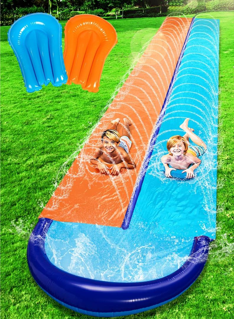 Sloosh 32.5FT Double Water Slides, Heavy Duty Lawn Slip Slide with Sprinkler and 2 Inflatable Boards Backyard Yard Lawn Summer Outdoor Water Toy for Kids Adults