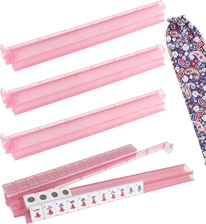 LUCKFOX Mahjong Racks with Pushers Set of 4, Pink Glitter Acrylic