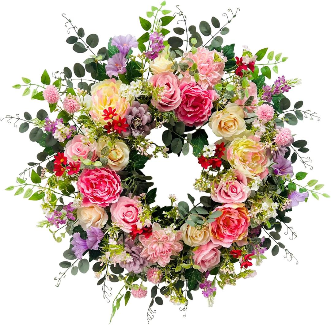 Svndlyn 24 Inch Spring Summer Wreath for Front Door Outside Artificial Peonies Rose Flowers Morning Glory Mixed Flowers for Outdoor Front Door Indoor Wedding Wall Window Dcor All Season