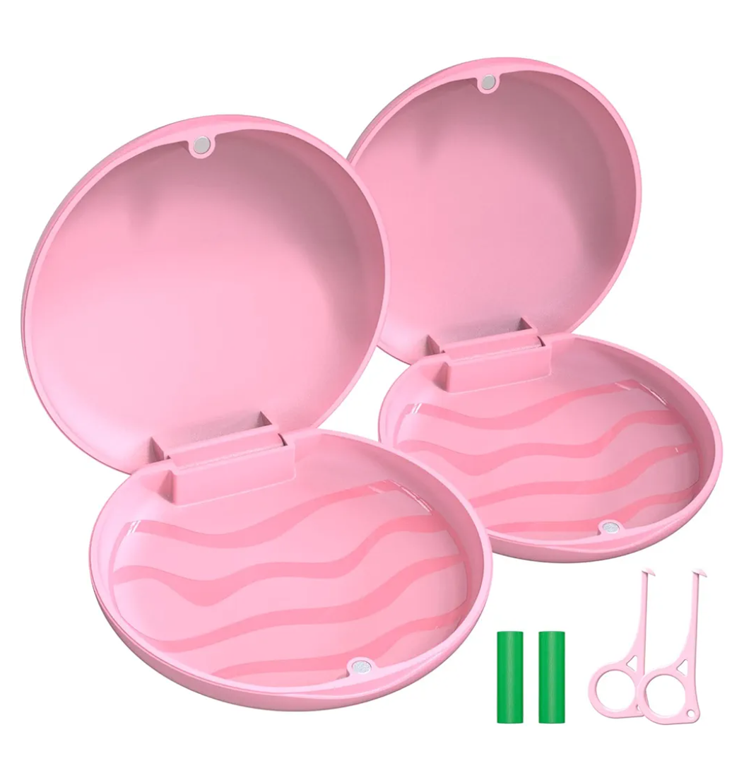 Retainer Case, Cute Slim Orthodontic Aligner Case Compatible with Invisalign, 2 Sets Mouthguard Case with Removal Tool & Chewy, Pink