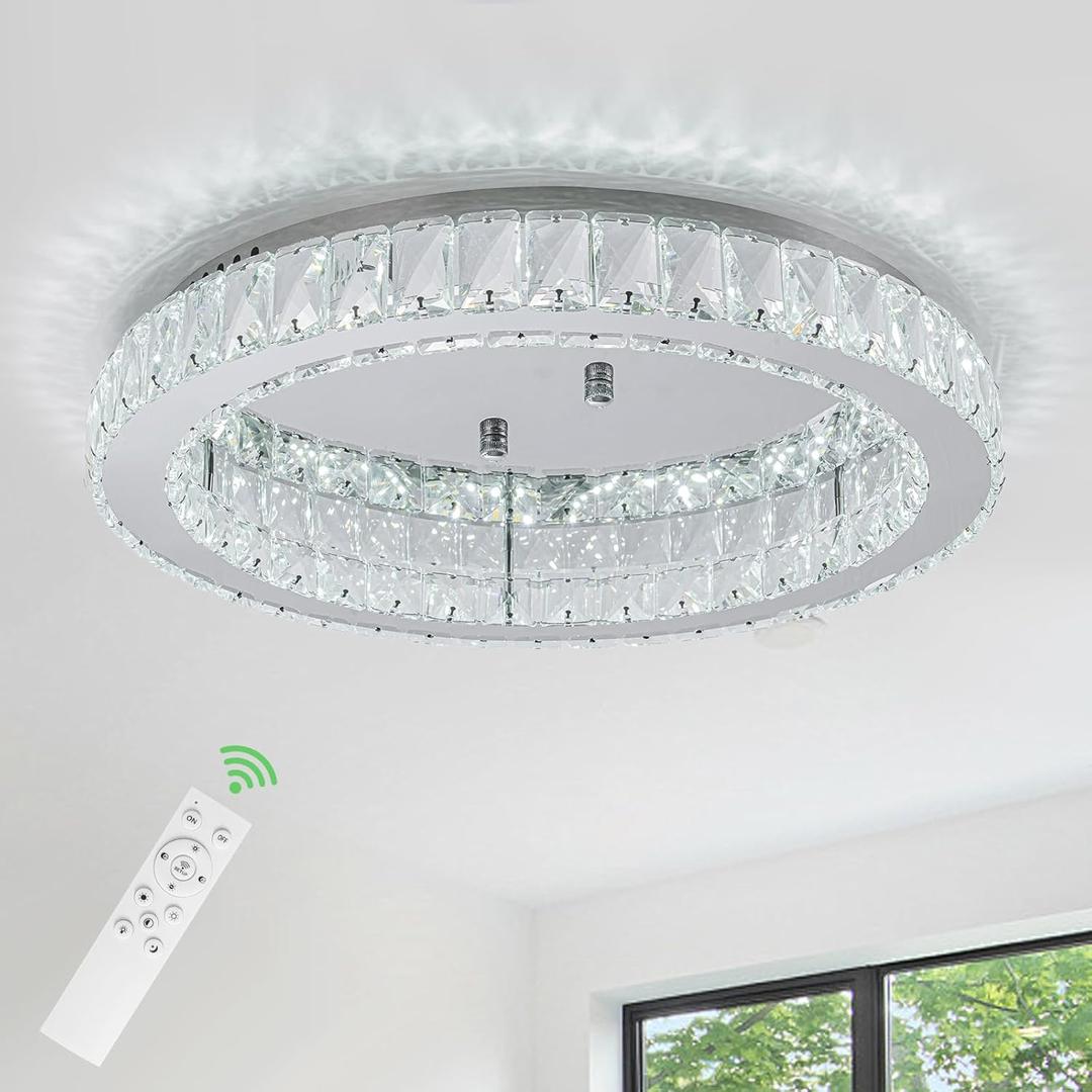 HOPGGIE 18" Crystal Chandelier with Remote Control LED Flush Mount Ceiling Light Fixtures Modern Round Ring Chandelier Light for Living Room Bedroom Dining Room (dimmable) (17.7-dimmable)
