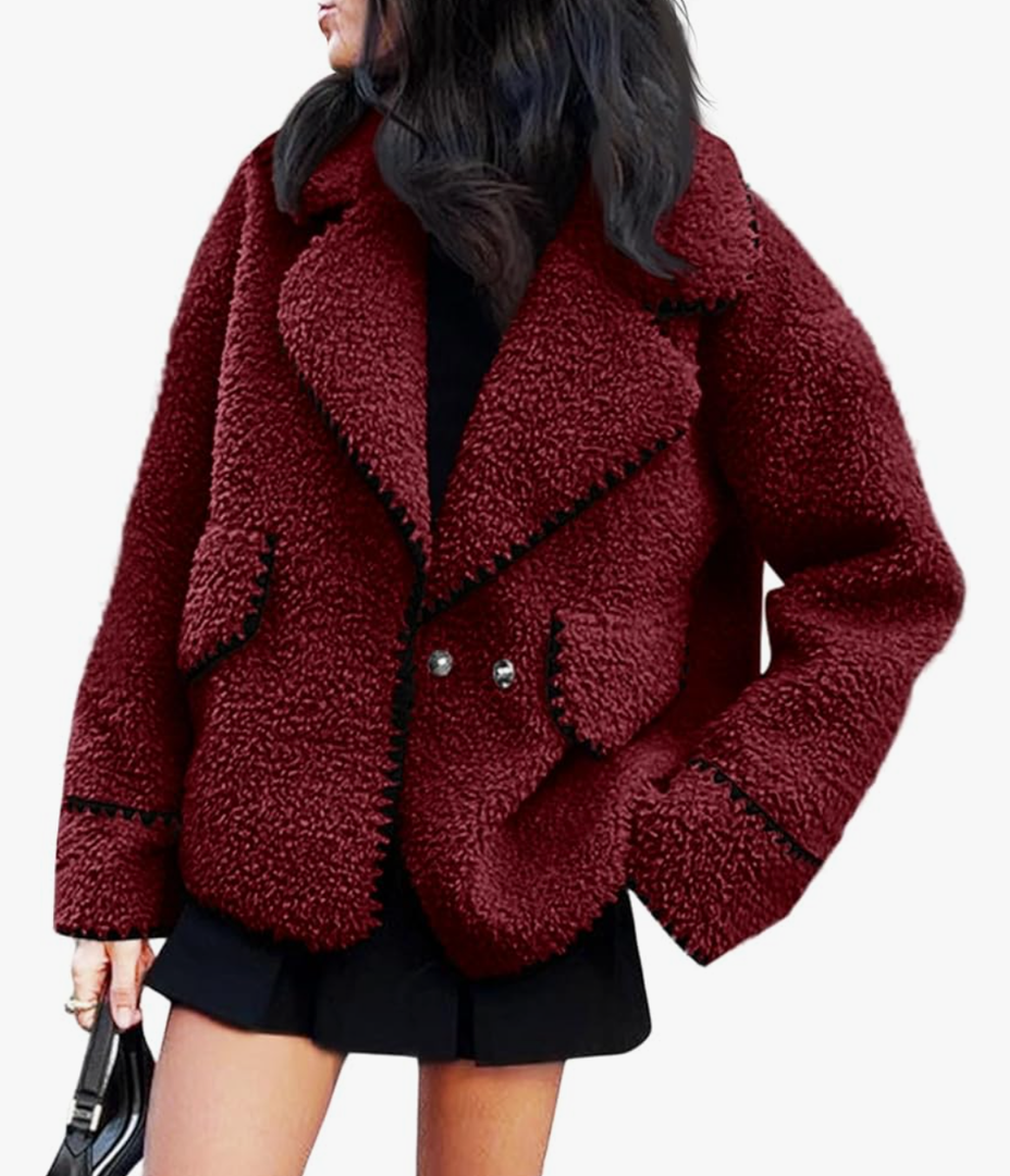 Cicy Bell Womens Sherpa Fleece Jacket Casual Collar V Neck Fuzzy Coats Contrast Trims Open Front Winter Outwear, L