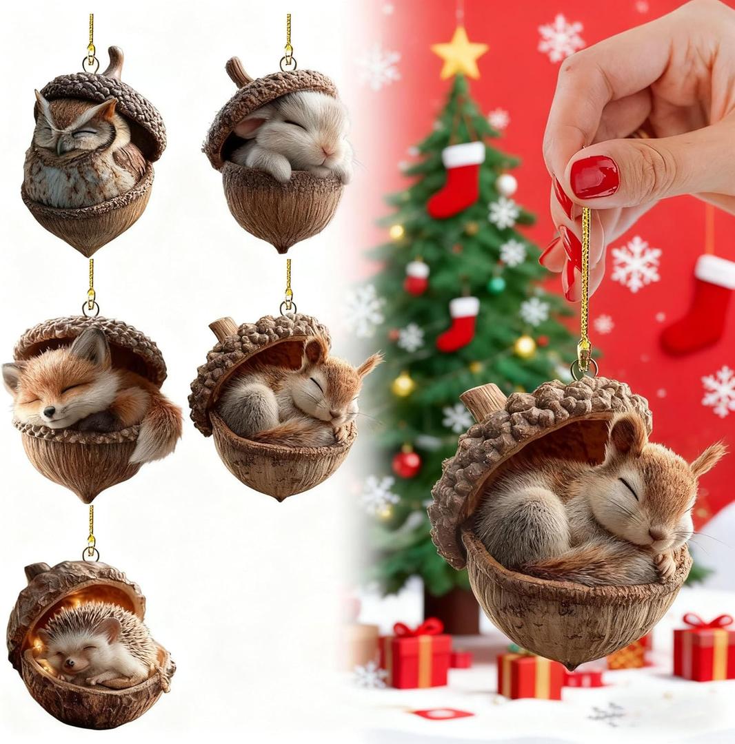 5 Piece 2D Flat Design Forest Animal Christmas Ornaments, Acrylic Woodland Creatures, Pine Cone and Acorn Hanging Decorations for Home
