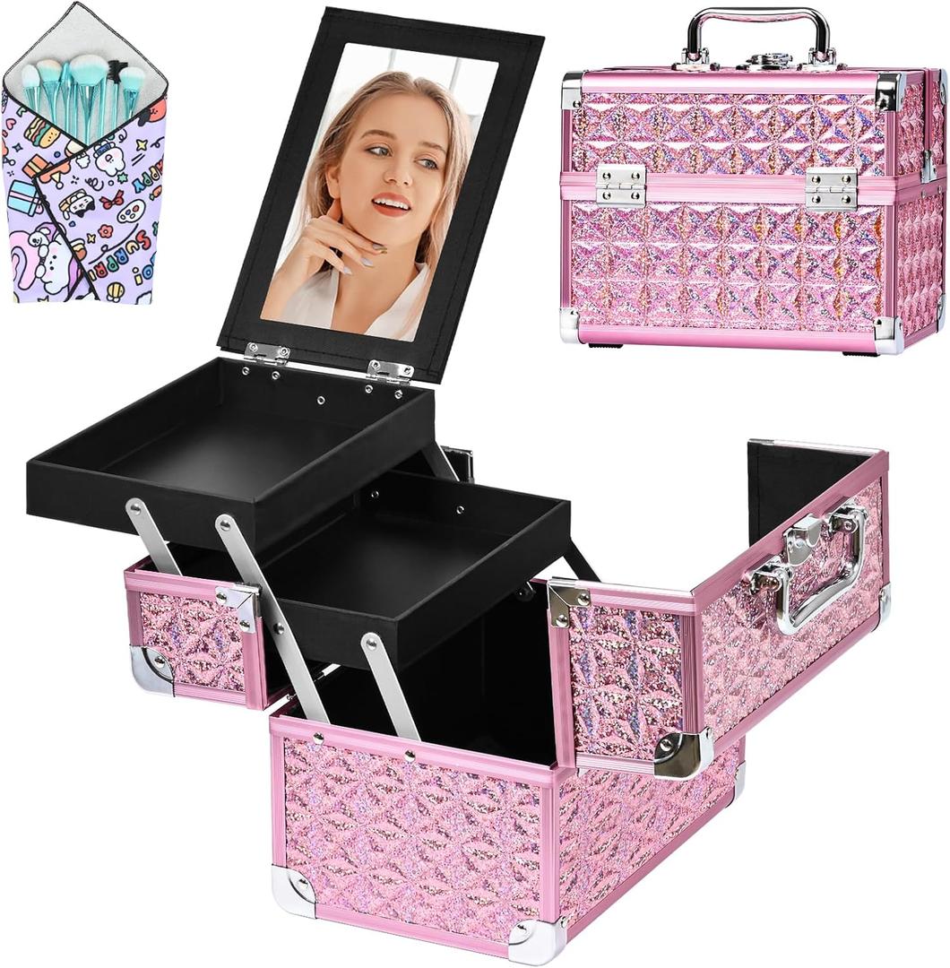 GALHUBIS Makeup Train Case, Portable Makeup Case with Mirror, 2-Trays Cosmetic Organizer Case, Nail Polish Organizer, Travel Makeup Box, Profesional for Salon Barber, Pink