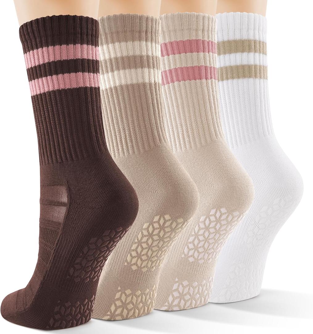 CS CELERSPORT Pilates Socks for Women, 4 Pairs Yoga Crew Non Slip Grip Socks for Barre Hospital Gym (M)