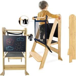 SK Designs Foldable Toddler Tower with Cup Holder - Kitchen Learning Stool Helper, Montessori Kids Standing Tower for Counter, Collapsible, Adjustable Baby Step Stool with Safety Net for Bathroom Sink