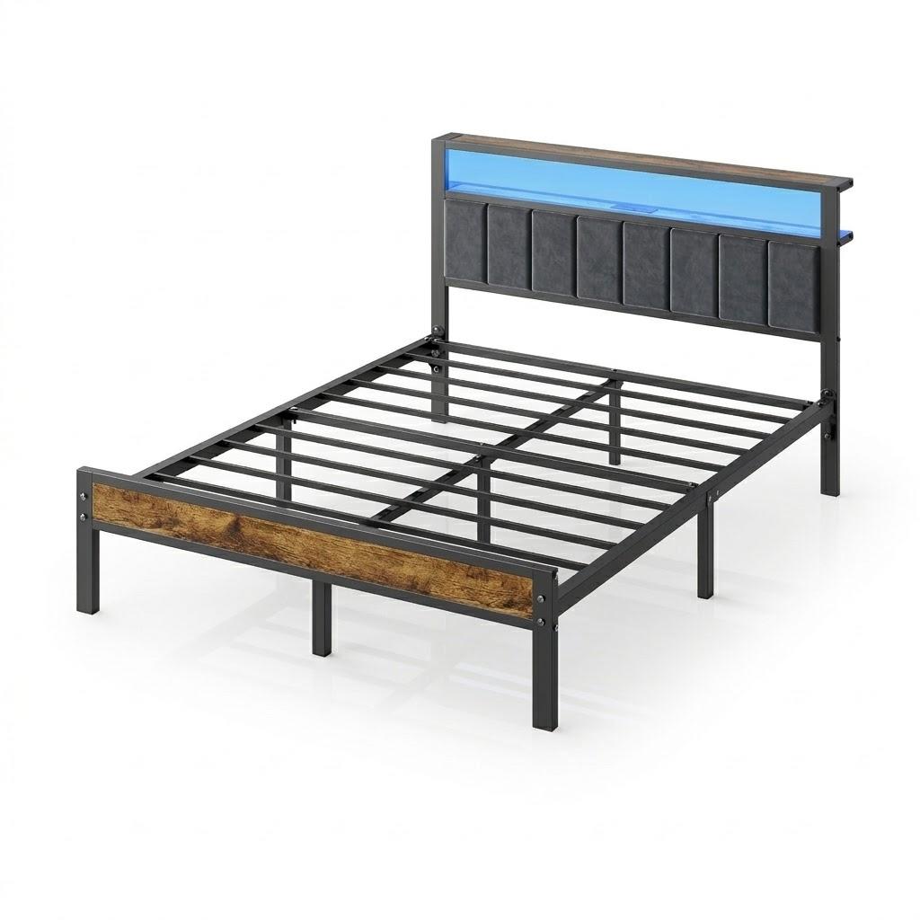 Queen Size Bed Frame with 2-Tier Storage Shelves Headboard, Platform Bed with Charging Station, LED Lights No Box Spring Needed Noise Free