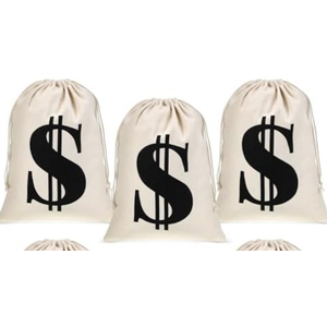 Sunnymove 3 Pcs Large 11.8 x 15.7 Inches Money Bag Prop Canvas Drawstring Money Bag Dollar Sign Carrying Sack for Bank Robber Pirate Cowboy Cosplay Theme Halloween Party Favors(White)