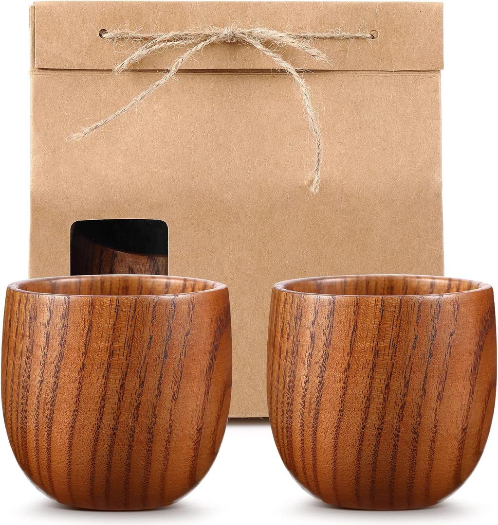 Yinder 2 Pcs Wooden Bourbon Glass Bourbon Gifts for Men, 180 ml Wooden Cup with Kraft Bag for Whiskey Sake Tea Home Bar Drink Lover Men, Anniversary Wedding Birthday Gifts for Husband, Dad, or Brother