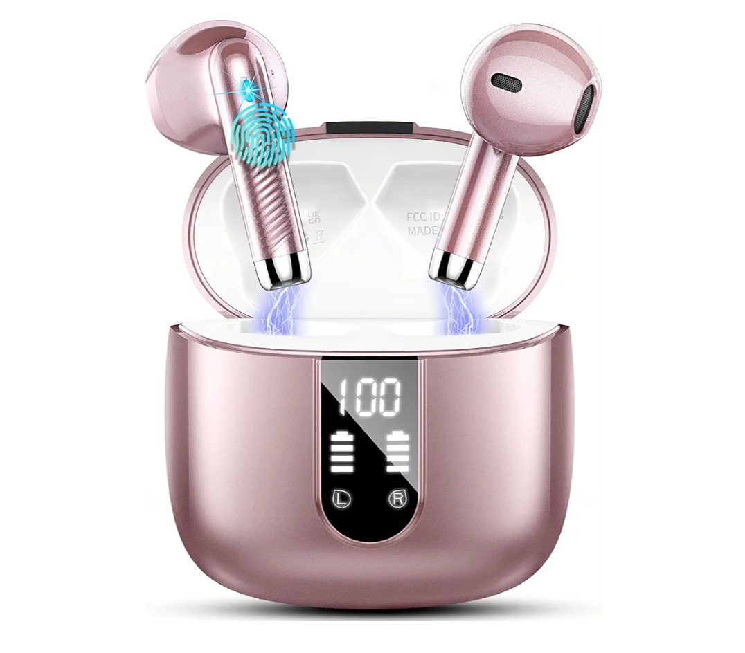 Wireless Earbuds, 2024 Bluetooth Headphones 5.3 Ear buds Built-in ENC Noise Cancelling Mics, 40H Stereo Bass Bluetooth Earbuds with Dual LED Display, IP7 Waterproof Earphones for Android iOS, Rosegold