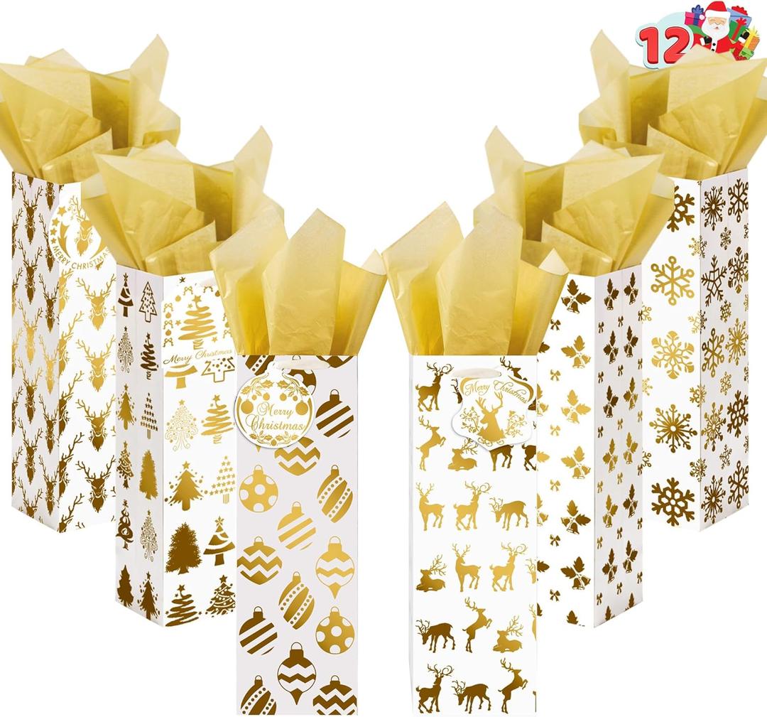 JOYIN 12 PCS Christmas Wine Bottle Bags Gold Foil with Tissue Paper and Name Tags 6 Print Designs for Winter Holiday Xmas Gift Party Favor Decoration, Liquor Lovers and Drinkers Gift Presents